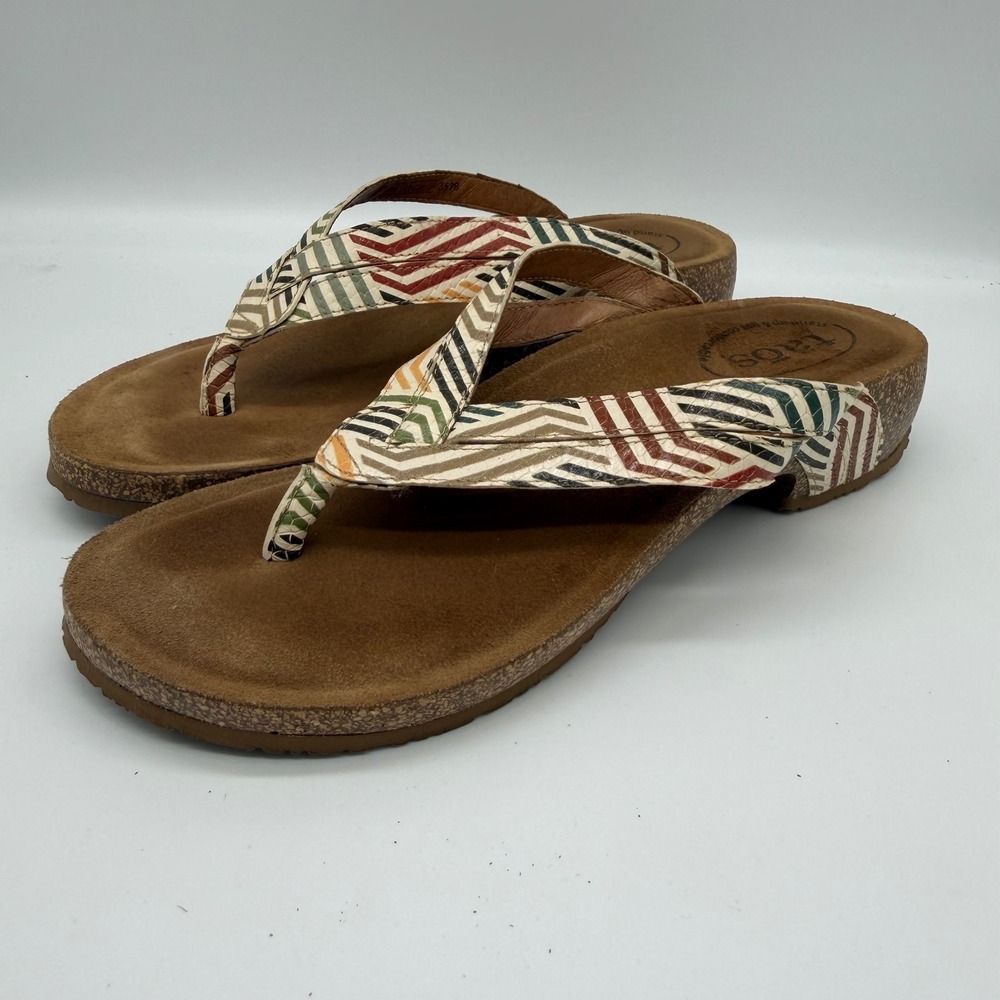 Taos Womens Multi Color Chevron Leather Thong Sandals Wedge Cork Footbed 10-10.5